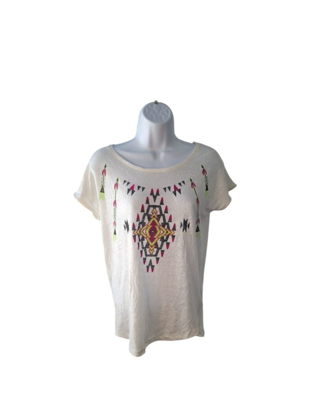 Zara Trafaluc Top S White Aztec Linen Short Sleeve Tribal Festival Coachella